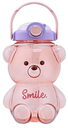 Merrwon Kawaii - Borraccia a forma di orsetto, 1000/1400 ml, a prova di perdite, con cintura, borraccia con cannuccia, per ragazze, sport, viaggi, scuola
