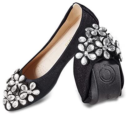 MACHSWON Womens Ballet Flat Black Pumps Ladies Bride Dolly Ballerina with Sparkly Rhinestone Work Office Formal Comfort Pointed Toe Slip On Wedding Flats Shoes(Black, Size 6)