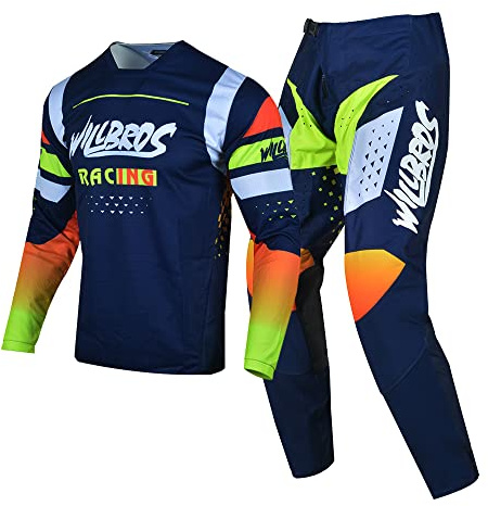 Willbros Pantalones de Camiseta de Motocross Traje Hombres Bicicleta Sucia Gear Set MX Fuera del Camino Montando Adulta Ropa de Carrera Azul Blanco Amarillo (Jersey M Pants 32)