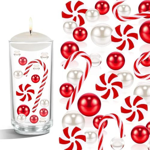 Viilich 6054 Stück Weihnachtsvasenfüller, Weihnachtsvasenfüller Schwebende Perlen für Vasen, Schwebende Perlen Zuckerstange Wasser-Gel-Perlen(Rot und weiß)