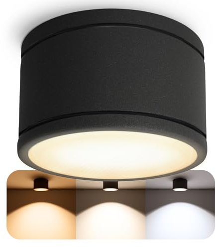SSC-LUXon CELI-WX Aufbauleuchte schwarz IP44 GX53 dimmbar 3 Lichtfarben | Dimmbare Bad-Aufbauleuchte schwarz matt IP44 - warm / neutral / kalt, inkl. GX53 LED 6W, für Badezimmer, Flur & Außen