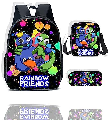 Regenbogen Freunde Rucksack, Rainbow Friends Schulranzen Set, Anime Cartoon Spiel 3D Druck Studenten Schultasche, Rucksack, Umhängetasche, Federmäppchen dreiteiliges Set