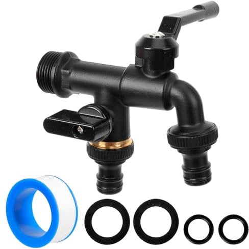 Rubinetto Giardino Doppio, 3/4 Rubinetto Giardino Ottone Antiruggine e Resistente al Gelo con 2 Raccordi Tubi Flessibili, 2 Guarnizioni, 2 O-Ring, 1 Nastro per Avvolgitore d'acqua