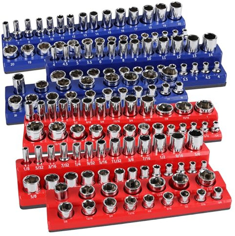 Larlarsa 6PCS Magnetic Socket Organizer Set, SAE & Metric Magnetic Socket Holder, 1/4, 3/8, 1/2 Magnetic Socket Trays, 141 Pieces Deep & Shallow Sockets Organizer., Blue&red, HIP-010