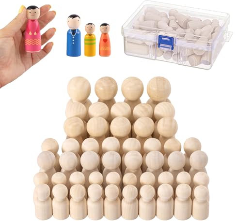 MumdoYAL 50 Pièces 4 tailles,Figurines en bois à peindre, ,Poupée en bois à broche - Figurine en bois non finie pour loisirs créatifs, jouets, peinture, décorations, projets artistiques