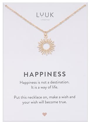 LUUK LIFESTYLE Collana di perle con ciondolo a forma di sole, accessorio di moda, portafortuna con biglietto HAPPINESS per la migliore amica, rosa