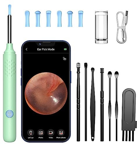 Ohrenschmalz Entferner Otoskop, LMECHN WiFi Ohrenreiniger mit 6 LEDs, 1920P Ohrreiniger für Erwachsene mit 3,5mm Linse, IP67 Wasserdicht Ohrreiniger für iPhone, iPad und Android-Smartphones(Grün)
