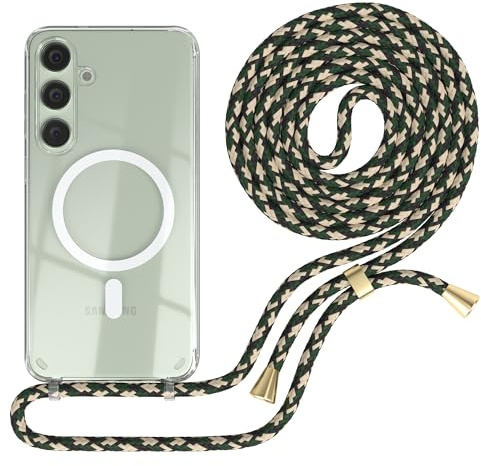 EAZY CASE - Handykette kompatibel mit Samsung Galaxy S24 Plus Kette zum Umhängen Stoßfest Handyhülle für Galaxy S24 Plus Silikon Hülle mit Band Handytasche Transparent Fallschutz in Grün Camouflage
