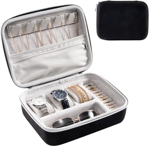 ProCase Herren Reise Schmuckkästchen, 3 Slots Uhrenzubehör Reise Aufbewahrungsbox Schmuckaufbewahrungsbox für Herren, Brille Halsketten Ringe Armbänder Organizer Tasche für Männer -Schwarzgrau