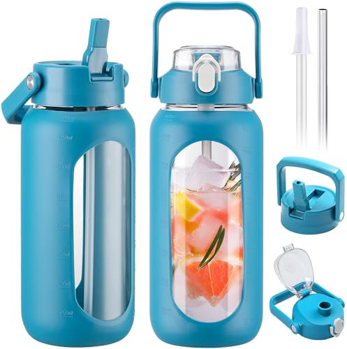 BLUEGO 2000ml Bouteilles d'eau en verre avec 2 couvercles Gourd avec paille 2L Grande bouteille d'eau avec marqueurs de temps et de capacité pour salle de sport Maison Étanche, Bleu
