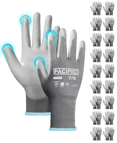 PACIFIC 18 Paare Graue Sicherheits-Arbeitshandschuhe – Rutschfeste PU-Beschichtung, Leicht & Atmungsaktive, Ideal für Allgemeine Arbeiten, Gartenarbeit, Arbeitshandschuhe Herren & Damen gr 7/S