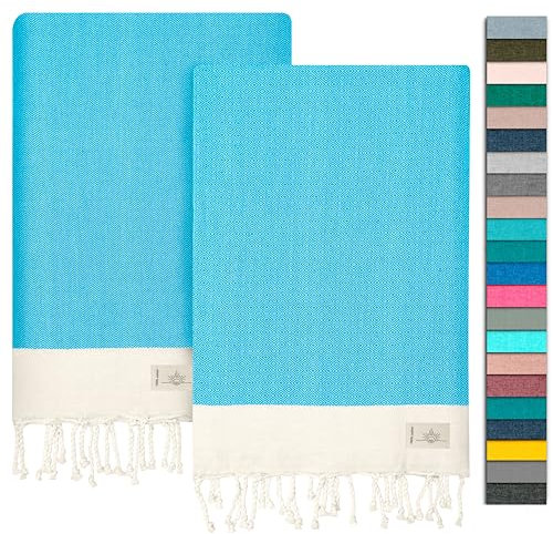 NOUR Premium Hamamtuch |2er Pack| aus 100% Baumwolle 100x200 cm | Picknickdecke | Saunatuch | Strandtuch | Extra leicht | saugstark | schnelltrocknend | Sandfrei (Türkisblau)
