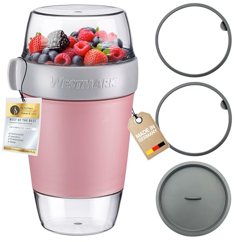 Westmark Lunchpot-Set groß – 3 auslaufsichere Fächer: 350 ml, 600 ml, 200 ml, inkl. 2 Dichtungsringen + 1 Ersatz-Deckel – Rosa/Grau/Klar, 528722EP