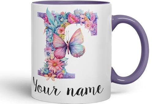 Vixar Personalised Letter F Mug, Customized Custom Floral Flowers Butterfly Alphabet Letter F Monogram Watercolour Ceramic Coloured Mug Cup for Tea Coffee Hot Brew 330ml 11Oz Gift (Purple)