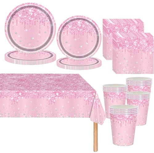 Poudre Légère Vaisselle de fete 81 Pièces Rose Jetables Anniversaire Vaisselle Papier Assiettes Papier Tasses Serviettesr Nappe,pour Anniversaire Fête Mariages Fête de Baby Shower -20 Invités