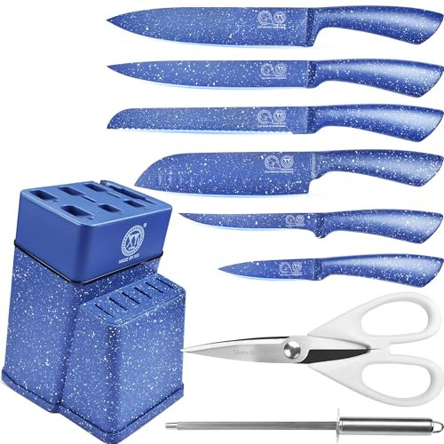 XYJ Authentic Since 1986, Kitchen Knife Block Set, Stainless Steel Kitchen Knife Set with Knife Holder, Blue Color Meat Cleaver Paring Slicing Chef Knives Kitchen Cutlery