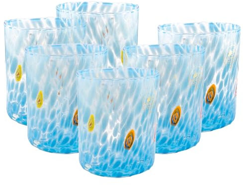 MurArt Vasos de Murano, juego de 6 vasos de 400 ml, colección Tower, de vidrio soplado a mano de elaboración artesanal Made in Italy (celeste, vaso 6 unidades)