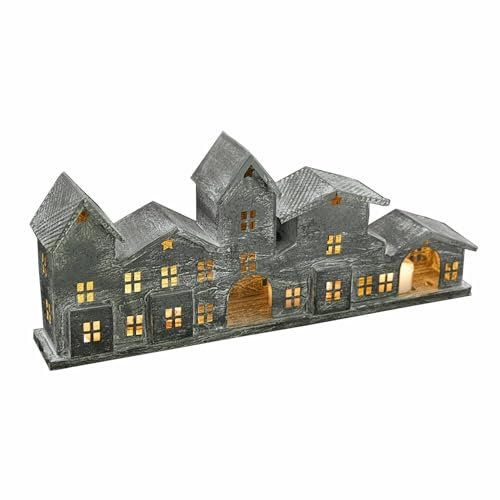 Loberon Windlicht Terivan, fein Ausgearbeitete Häuserfassaden, für Teelichter Geeignet, Faszinierende Lichteffekte, Antik-Finish, Kerzenhalter, Dekoration, Eisen, antikgrau