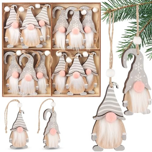 BRUBAKER 12x Weihnachtsanhänger Wichtel - 8 cm Baumschmuck aus Holz - Zwerge mit Bart und großer Nase - Holzanhänger Weihnachtsbaumschmuck - Christbaumschmuck Anhänger Weihnachten - Grau Weiß