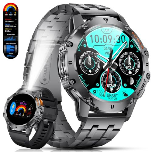 ESFOE Smartwatch Uomo Militare con Torcia LED,1.43 AMOLED Orologio Smartwatch Uomo con 500mAh 5ATM Impermeabile, 110+ Modalità Sportive Fitness Tracker Smart Watch con Chiamate Whatsapp Nero