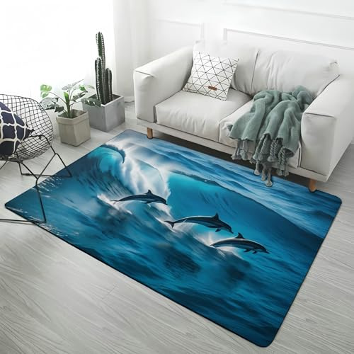 LOMDEM Unterwasserwelt Teppich, Heimdekoration Ozean Korallenriff Schildkröte Delfin Hai Druck 3D Teppich Wohnzimmer Blau Spielmatte für Jungen Mädchen, Teppich für Kinderzimmer, 120x180 cm, Color 4