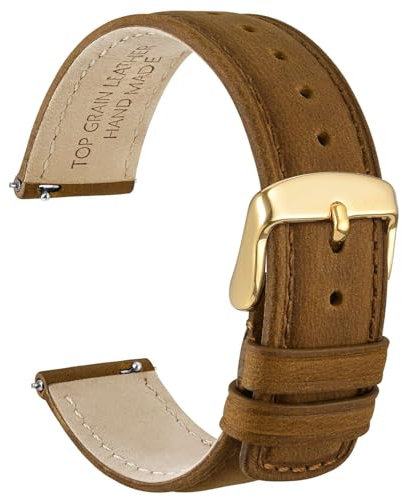 WOCCI 20mm Uhrenarmband für Herren und Damen, Echtes Leder - Top Genarbtes Leder, Schnellverschluss, Goldene Schnalle (Kamel)