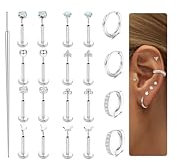 KRFY 10 pezzi Set di orecchini con retro piatto Gioielli ipoallergenici per piercing al trago in acciaio chirurgico argento/oro Orecchini a cartilagine per donne senza filo Push in Lip Nose Piercing
