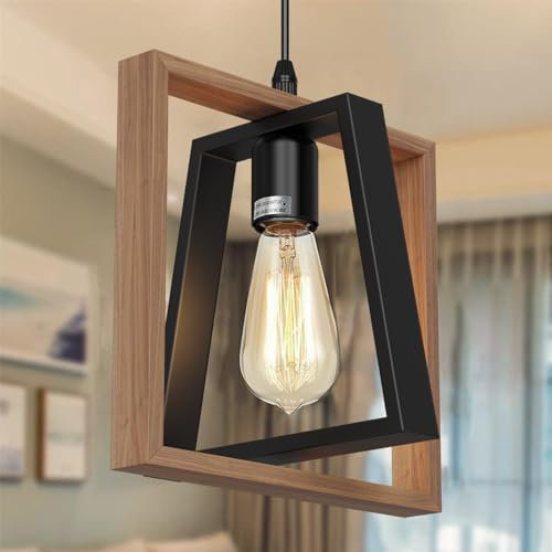 HMAKGG Suspension Luminaire Cuisine, Petit Lustre Industriel Bois, Réglable en Hauteur, E27 Lampe Suspendue Noir pour Salle à Manger Chambre Couloir Bar