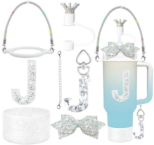 8Pcs Silvery Stanley Cup Accessories Set for Stanley Cup 30&40 Oz Tumbler, Silicone Straw Cover Cap and Boot, Handle Letter Charm, Bow Decoration Initial Sticker, Diamond Water Bottle Handle Strap (J)