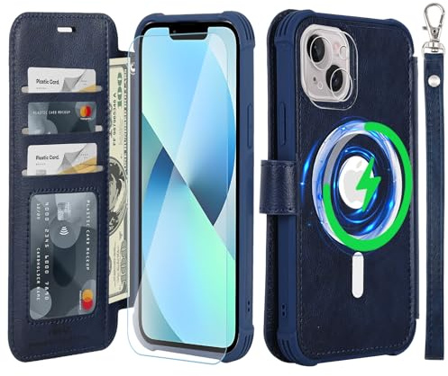 VANAVAGY Wallet Case for iPhone 14/13 for Magsafe,Navy blue | PU Leather Flip,Slim,12ft Drop Protection,RFID Blocking Card Holder,Magsafe Wireless Charging,Includes Screen Protector