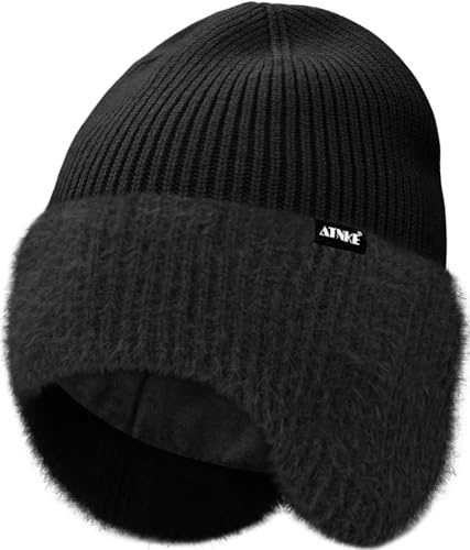 ATNKE Tricoté Beanie Bonnet avec Cache Oreilles pour Homme et Femme, Extensible Épais Chaud Polaire Doublure Quotidien Hiver Doux Revers Laineux Tête Mort Casquette Cadeaux