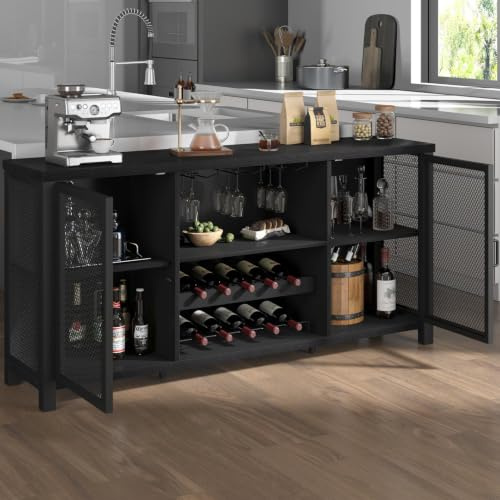 HSH Kitchen Island,Wooden Kitchen Cabinet with Storag,140cm Rustic Black | Kitchen Cupboard Storage,Drinks Bar Cabinet,Living Room Cabinets,Sideboards for Living Room,Semi-Transparent,360 LBS Capacity
