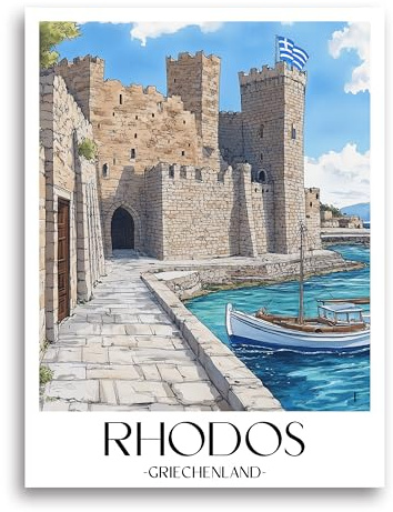 favplace Poster mit Städtemotiv Rhodos Griechenland Premium Kunstdruck - Stadtposter bzw. Reiseposter DIN A4 bis A1 - Leinwand Städtposter - Wandbild A4