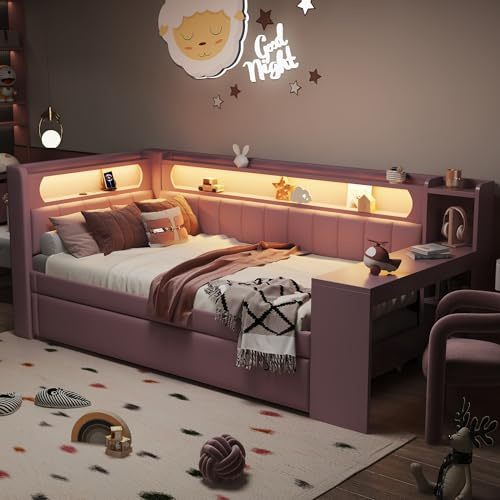 NovaFurnish Gepolstertes 90x200 Tagesbett mit USB-Anschlüssen und LED-Gürtel, mit Ausziehbett und Schreibtisch (Rosa mit Ausziehbett)
