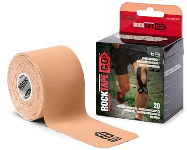 RockTape GO Extra-Sticky Kinesiology Tape – 20 vorgeschnittene Streifen, 5cm x 25cm – Starker Kleber, wasserfest, hypoallergen für Muskelregeneration, Schmerzlinderung & Sport, Beige