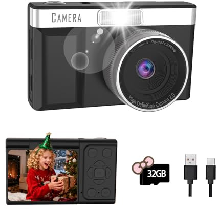Digitalkamera mit 180° Klappdisplay, 32GB Speicherkarte, 1080P HD Kompaktkamera, Integrierte Lernspiele, Ideal für Digitalkamera Kinder, Jungen, Mädchen(Schwarz)