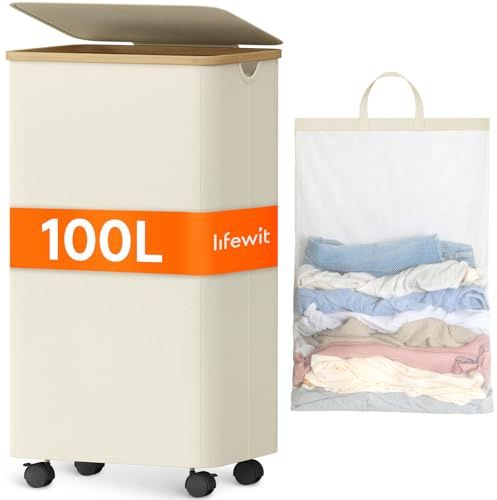Lifewit 100L Laundry Basket with Lid, Large Foldable Washing Basket for Laundry with Wheels, Clothes Storage Bins with Bamboo Handles and Removable Bag for Bedroom, Bathroom, Dorm, White