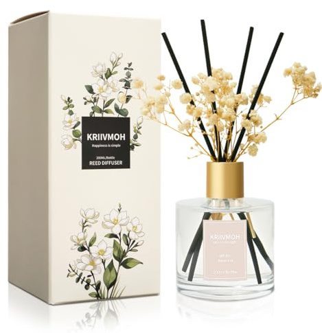 KRIIVMOH Reed Diffuser Sets, 200ml White Jasmine Diffuser with 8 Sticks Home Fragrance for Bedroom Bathroom, Home & Office Decor