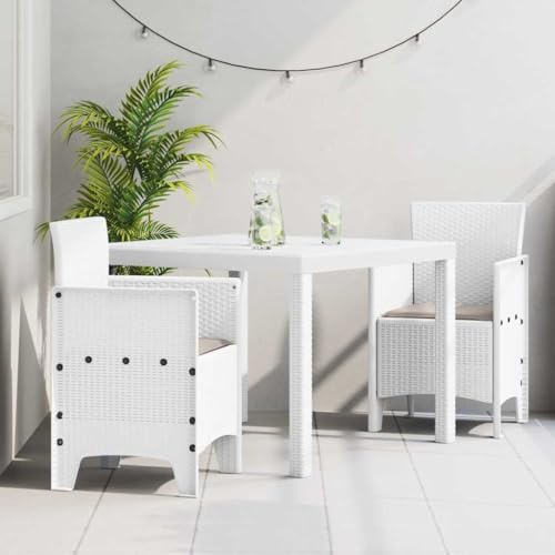 QJBSAVVA Gartenmöbel Set 3tlg Weiß Poly-Rattan Balkonmöbel Essgruppe mit 2 Klappstühlen & quadratischem Tisch, Modernes Design, platzsparend für kleine Balkone, Terrassen und Gärten