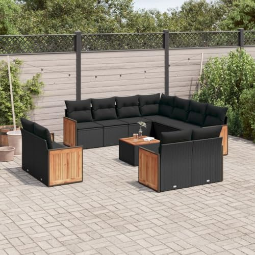Holamys 12-TLG. Garten-Sofagarnitur Schwarz Poly Rattan, Akazienholz-Tisch, UV-beständig, modulare Outdoor-Möbel mit Stauraum für Terrasse
