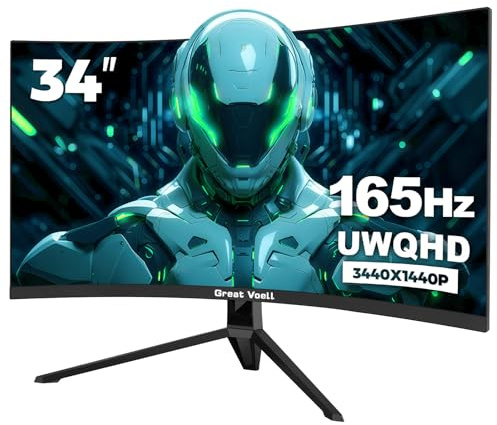 Great voell 34 inch Ultrawide Curved Gaming Monitor, 4K UWQHD(3440x1440) 165Hz PC WideScreen, 1500R 21:9 1ms MPRT, 127% sRGB VA panel 4000:1 contrast ratio, FreeSync, HDMI/DP, HDR, VESA Mountable
