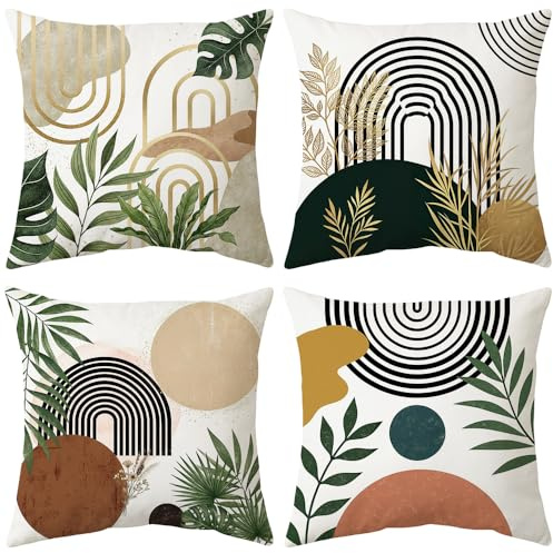 4 Stück Kissenbezüge 40x40 cm,Geometrische Kissenbezüge,Dekokissen Leinen Kissenbezug,Kissenhülle Boho Modern Minimalistisch Geometrische Muster Boho Linie Blätter Sommer Kissen,für Sofa Garten Deko