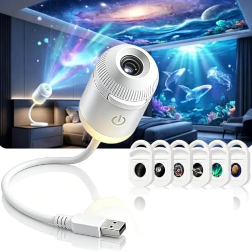 HshDUti HD Smart Dynamic 5D Holografisches Nachtlichtprojektor, Plug and Play 2-in-1 Galaxie Stern und Ozeanprojektor mit 6 Filmen, 360 Grad drehende USB-betriebene Deckenleuchte für Schlafzimmerdekor