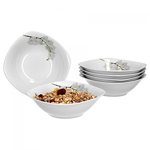 Van Well Vanda weiße Orchidee 6er Set Müslischale, Suppenschale, kleine Schale, Ø 14,3 cm, 300 ml, Blumendekor, edles Marken-Porzellan