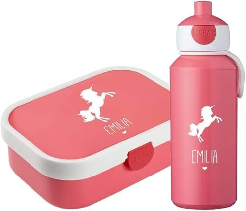 4ou Design Mepal Set Brotdose und Trinkflasche personalisiert mit Namen – Silhouette Einhorn pink – Auslaufsicher, Bento Einsatz rausnehmbar, inkl. Snackgabel – BPA frei – Geschenk für Kinder