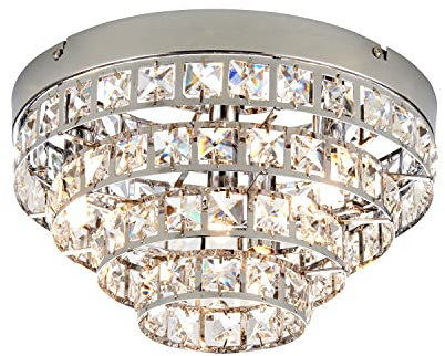 National Lighting Whitney Decorative Round Silver Chrome Modern Flush Ceiling Light Chandelier Fitting with Crystal Glass Beads - LED Compatible
