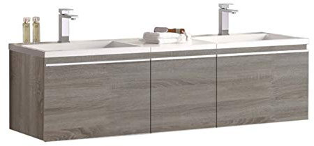 StoneArt Badmöbel Set mit Mineralguss Waschbecken und Unterschrank Waschtisch als Einzel- oder Doppelwaschbecken mit Unterschrank ohne Armaturen Milano ME-1600 Eiche hell 160cm