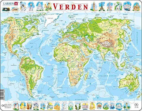 Larsen K4 The World Topographic Jigsaw Puzzle Map Danish Edition for Children & Adults - 80 Piece Puzzle | Educational and Fun Boxless Tray & Frame Included | Made in Norway