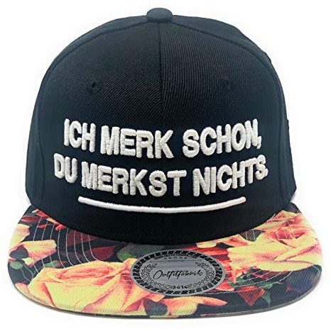 Outfitfabrik ♥ Snapback Cap ICH Merk Schon, DU MERKST Nichts in schwarz, Schirm mit Flowerprint, 3D-Stick in weiß (Lifestyle, Provokation, Statement) für Männer und Frauen, verstellbar