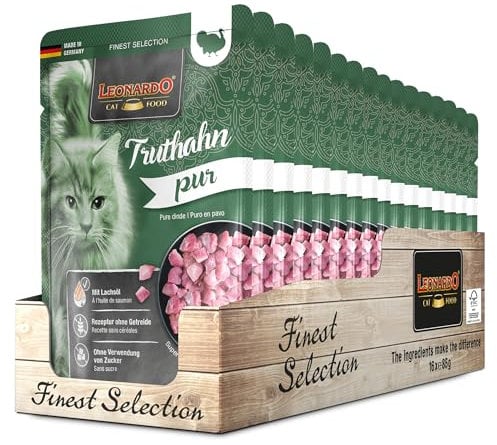 Leonardo Frischebeutel [16x85g Truthahn pur] | Getreidefreies Nassfutter für Katzen | Feuchtfutter Alleinfutter im Einzelportionsbeutel